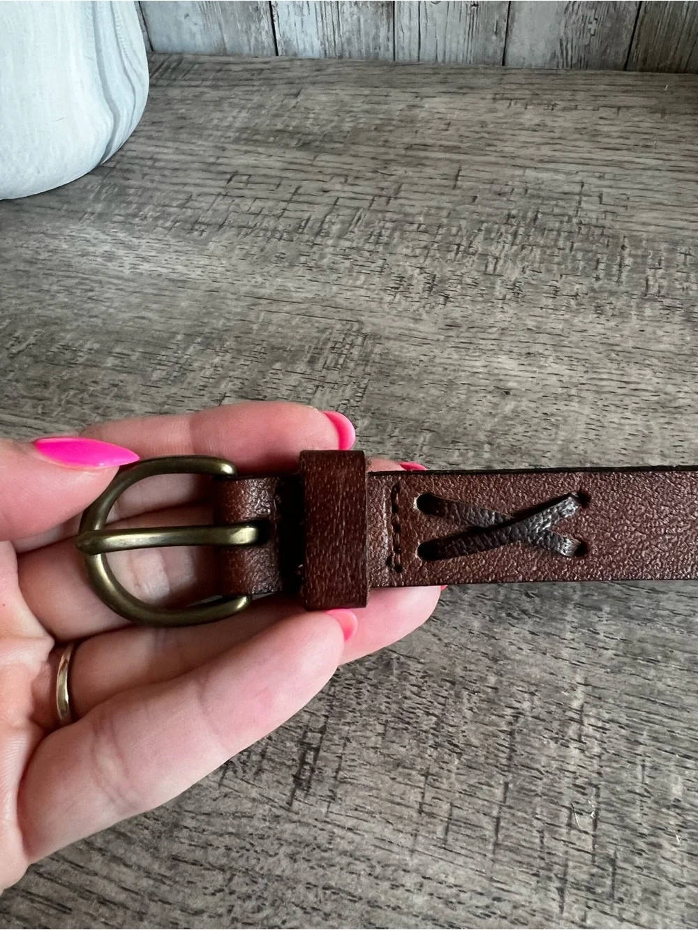 Hollister Y2K Vintage Brown Leather Belt with Brass Buckle Logo XS/S